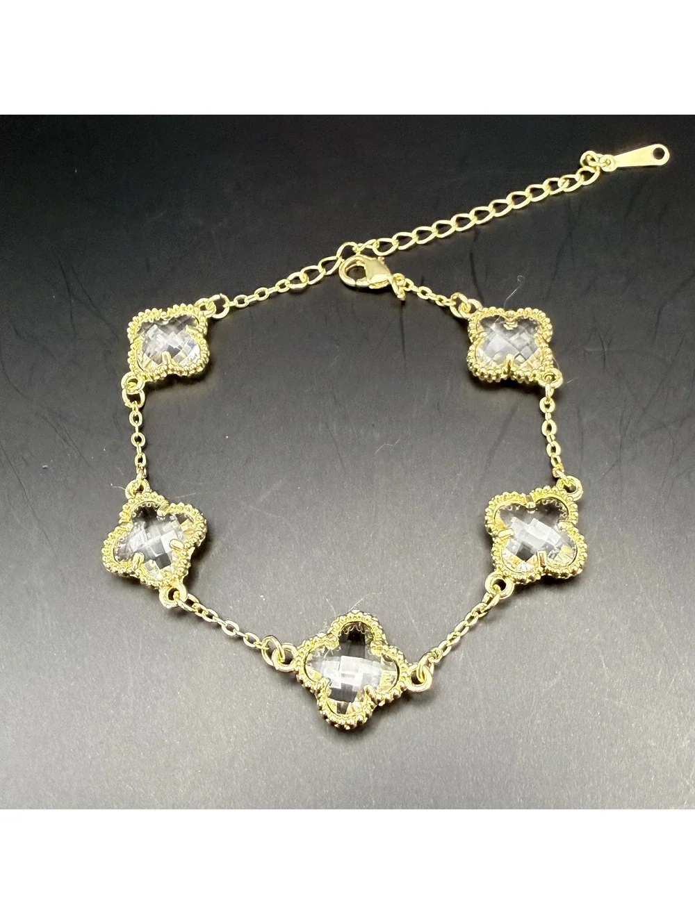 candy+clover clear clover crystal gold tone station bracelet